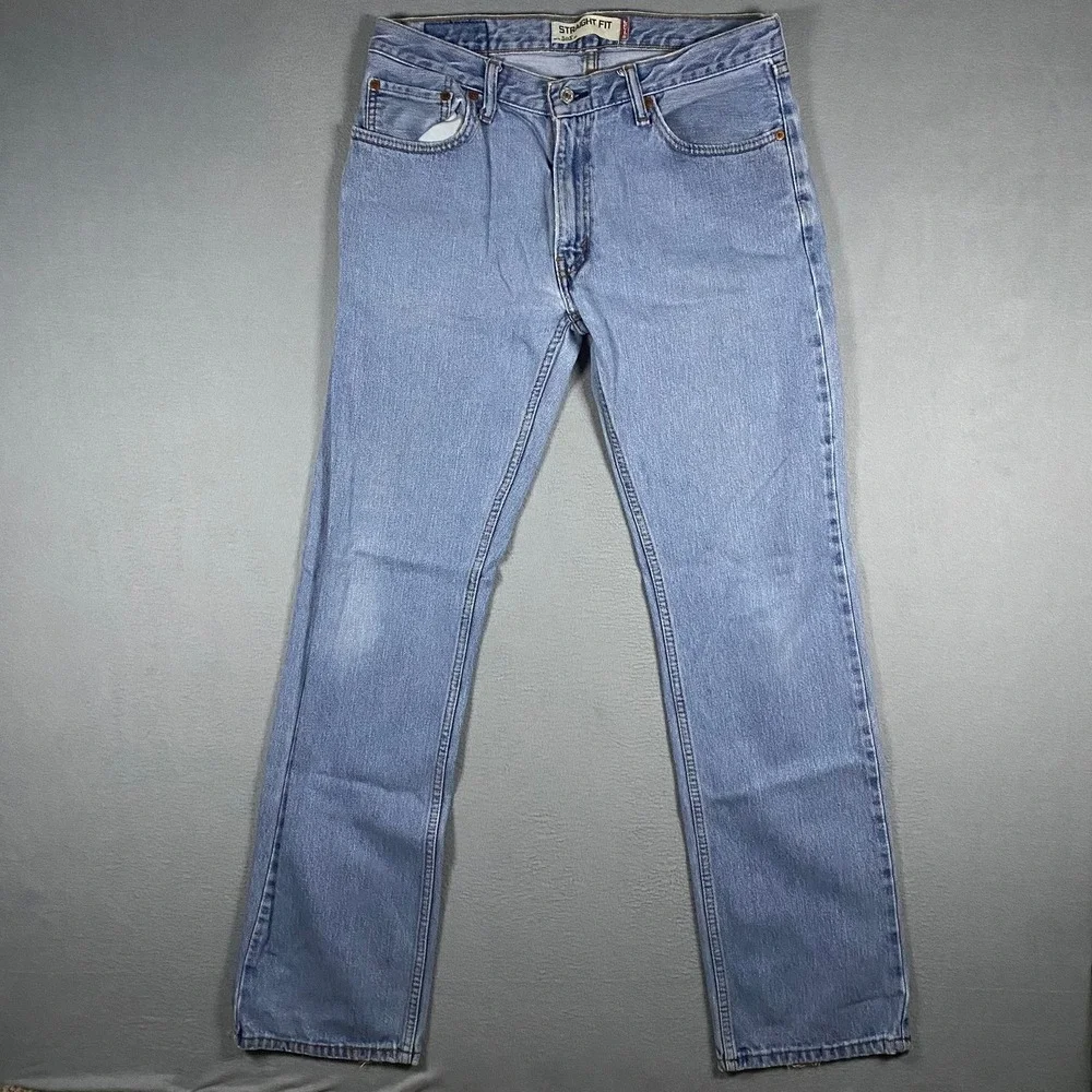 Y2K Levis 505 Straight Fit Jeans Mens 33x34 Light Wash Blue Denim Distressed